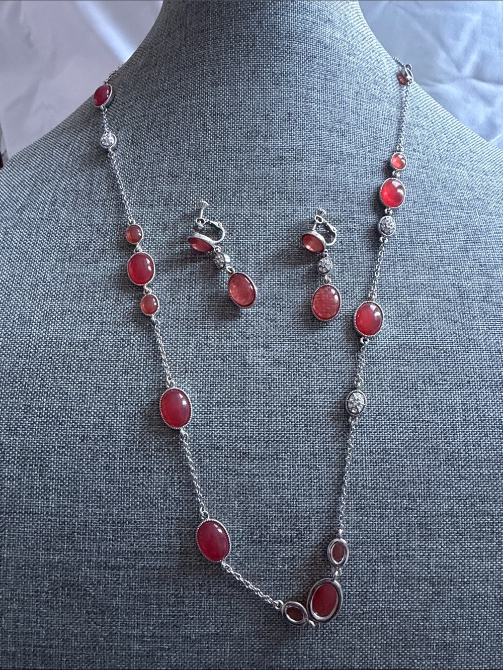 Silver-Tone Necklace and Earrings with Red Cabochon Stones